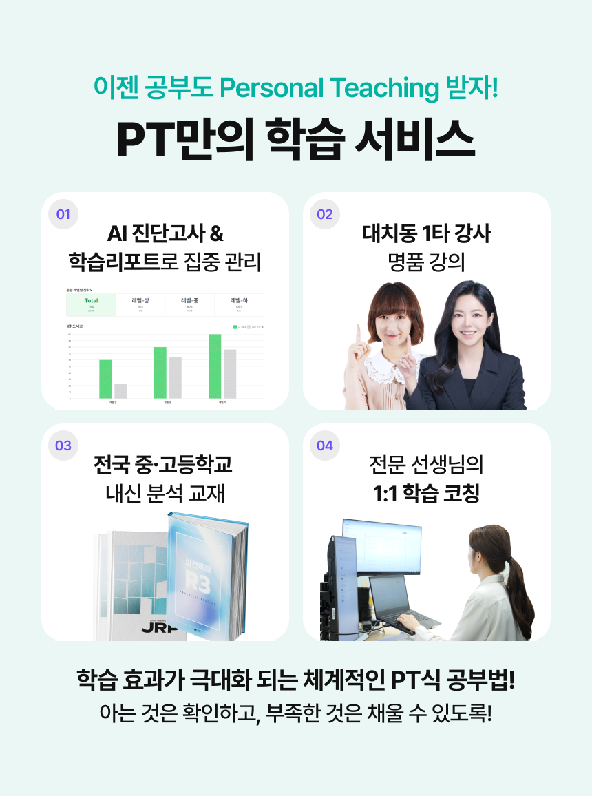 이젠 공부도 Personal Teaching 받자! PT만의 학습 서비스 / 01 - AI 진단고사 & 학습리포트로 집중 관리 / 02 - 대치동 1탙 강사 명품 강의 / 03 - 전국 중고등학교 내신 분석 교재 / 04 - 전문 선생님의 1:1 학습 코칭 / 학습 효과가 극대화되는 체계적인 PT식 공부법! 아는 것은 확인하고, 부족한 것은 채울 수 있도록!