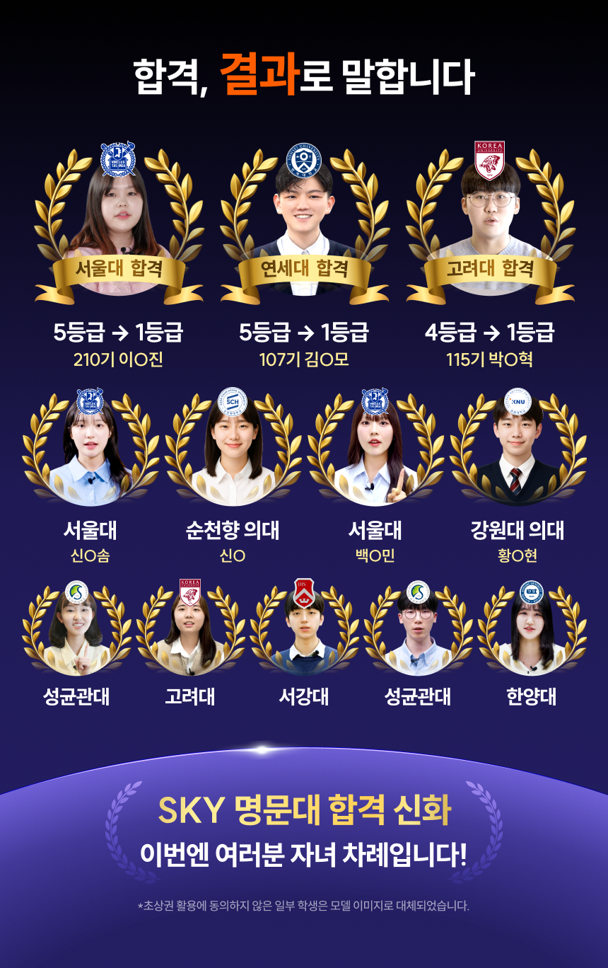 합격, 결과로 말합니다 | SKY 명문대 합격 신화 이번엔 여러분 자녀 차례입니다! *초상권 활용에 동의하지 않은 일부 학생은 모델 이미지로 대체되었습니다